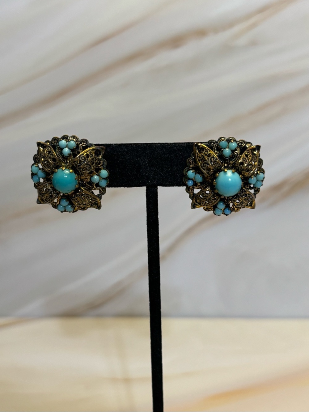 Vintage Austria Turquoise Open Filigree Clip-On Earrings 1”